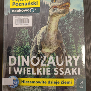 Okładka kolorowej książki z dinozaurem
